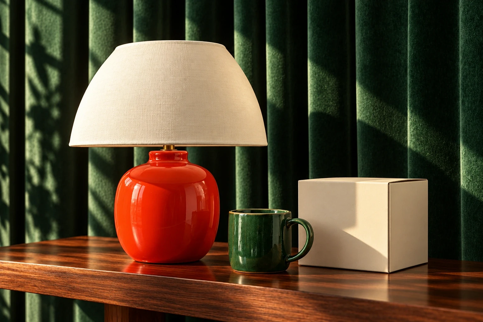 An ember lamp and green ceramic mug in a warm product showroom